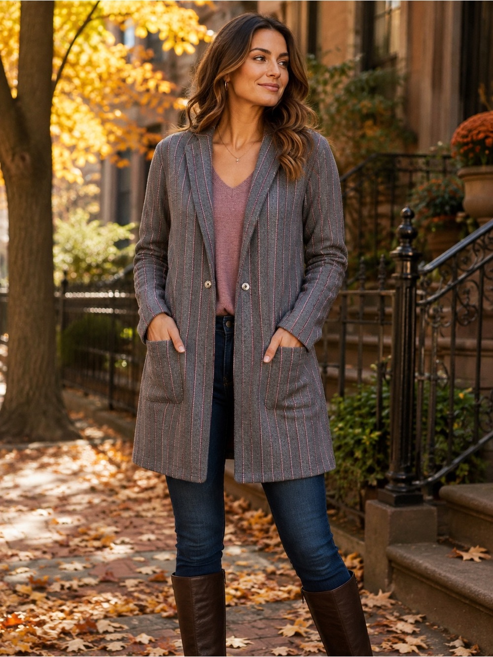 Harlyn Medium Gray Burgundy Pinstripe Longline Knit Blazer Coatigan